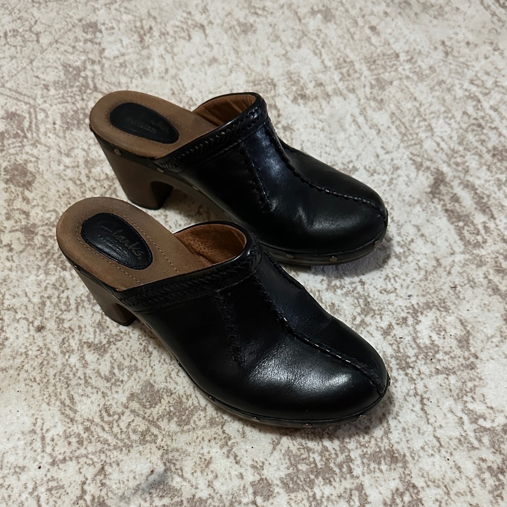 Clarks Black Leather Heeled Mules